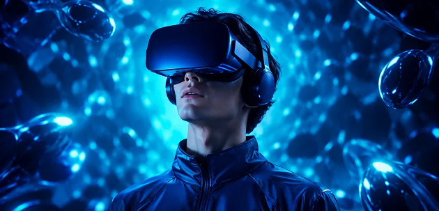 Gracz w goglach VR podczas nowoczesnej sesji gamingowej w intensywnym, niebieskim otoczeniu.