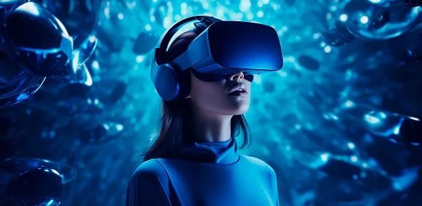 Uczestniczka w goglach VR odkrywa immersyjne doświadczenie w świetlistej, cybernetycznej przestrzeni.